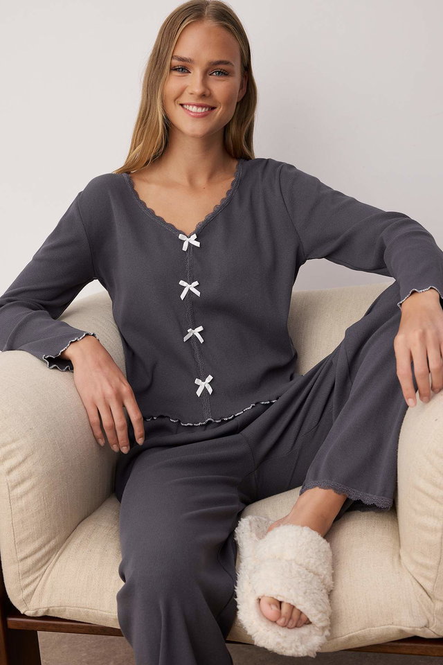 Anthracite - White Cotton Lace and Ribbon/Bow Detailed Ribbed Knitted Pajama Set THMAW25PT00206