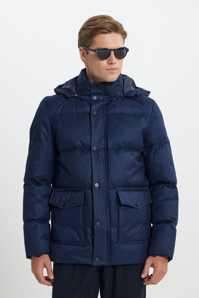 Dunkelblau - Men's Navy Blue Standard Fit Normal Cut Hooded Coat