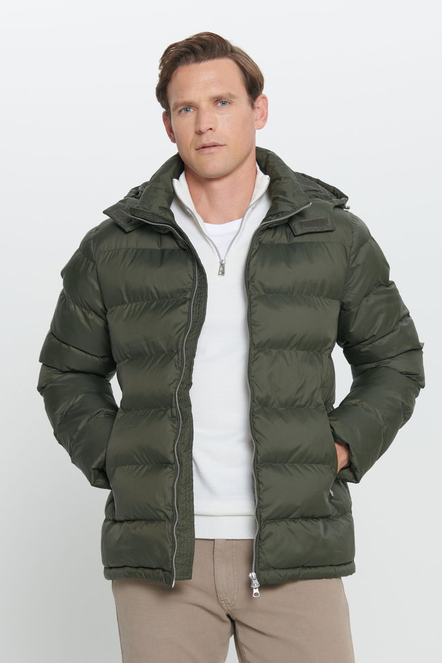 Khaki - Men's Black Standard Fit Normal Cut Hooded Stand-Up Collar Coat