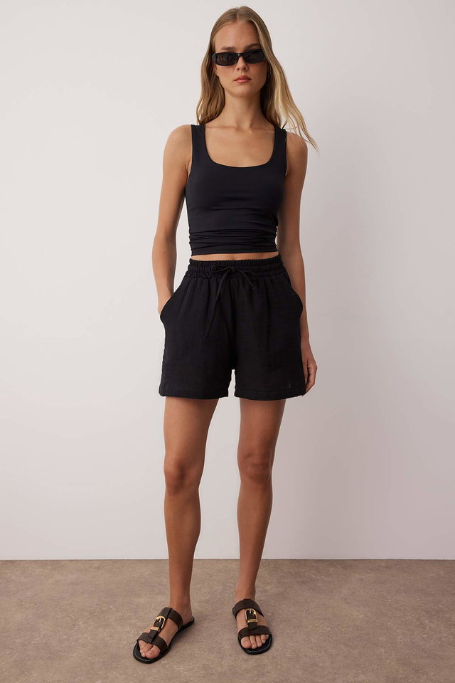 Black - Black Muslin Elastic Waist High Waist City Boy Shorts & Bermuda TWOSS25SR00233