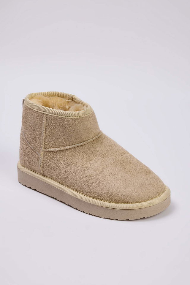 Beige - Tan Fur Lined Round Toe Flatform Heeled Women's Boots TAKAW26BO00001