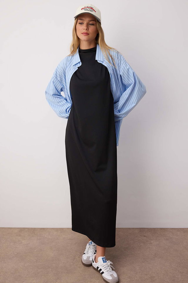 Black - Black Stand Collar Sleeveless Diver/Scuba Knitted Lining Underwear Dress TCTSS24EB00230