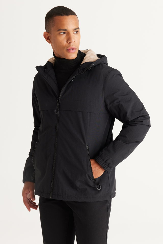 Black - Men's Black Standard Fit Normal Fit Hooded Side Pockets Coat