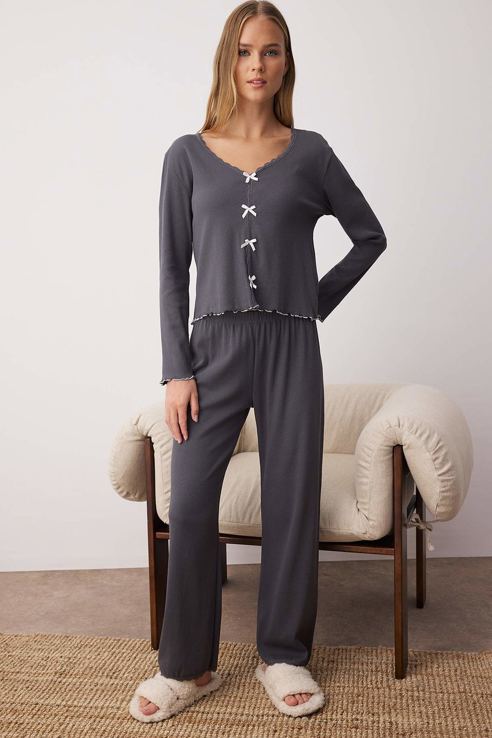 Cotton Lace and Ribbon/Bow Detailed Ribbed Knitted Pajama Set THMAW25PT00206