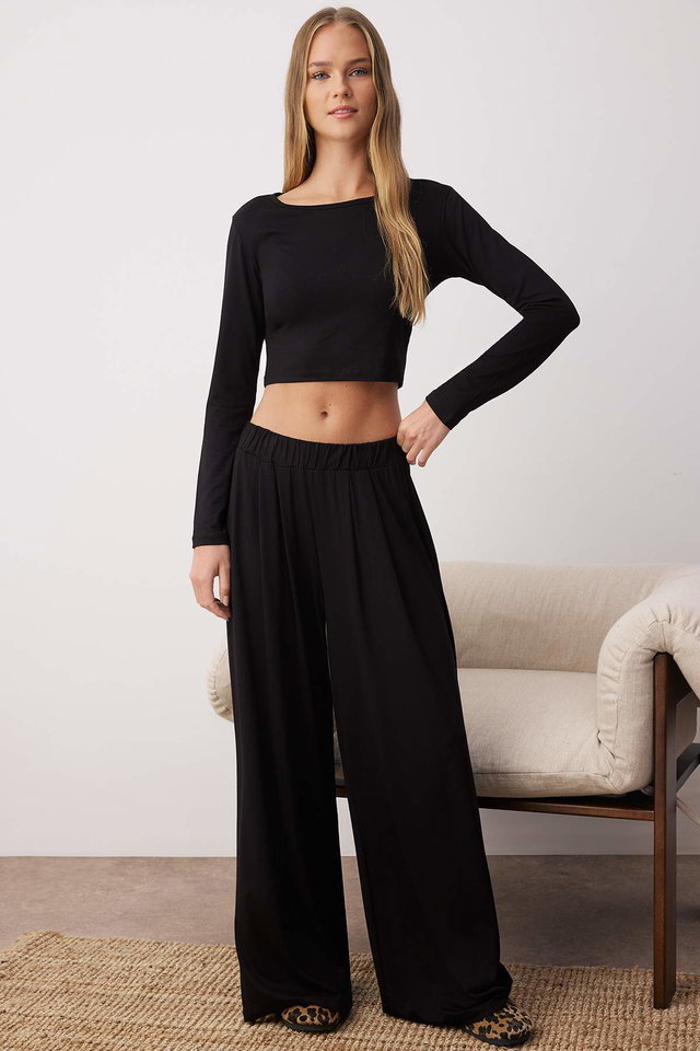 Black - Stone Viscose Knitted Pajama Set TWOAW21AU0034