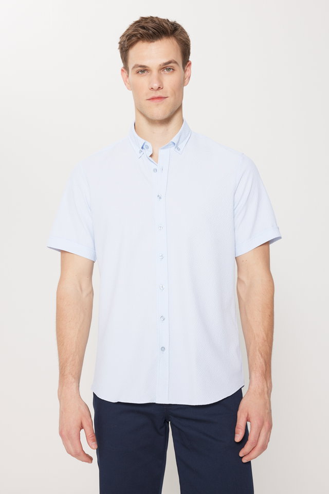 Blue - Men's Blue Slim Fit Narrow Cut Button Collar Seersucker Patterned Shirt