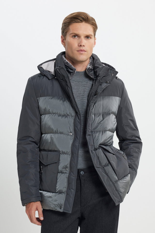 Anthracite - Men's Anthracite Standard Fit Normal Cut Stand-up Collar Cold-Proof Coat