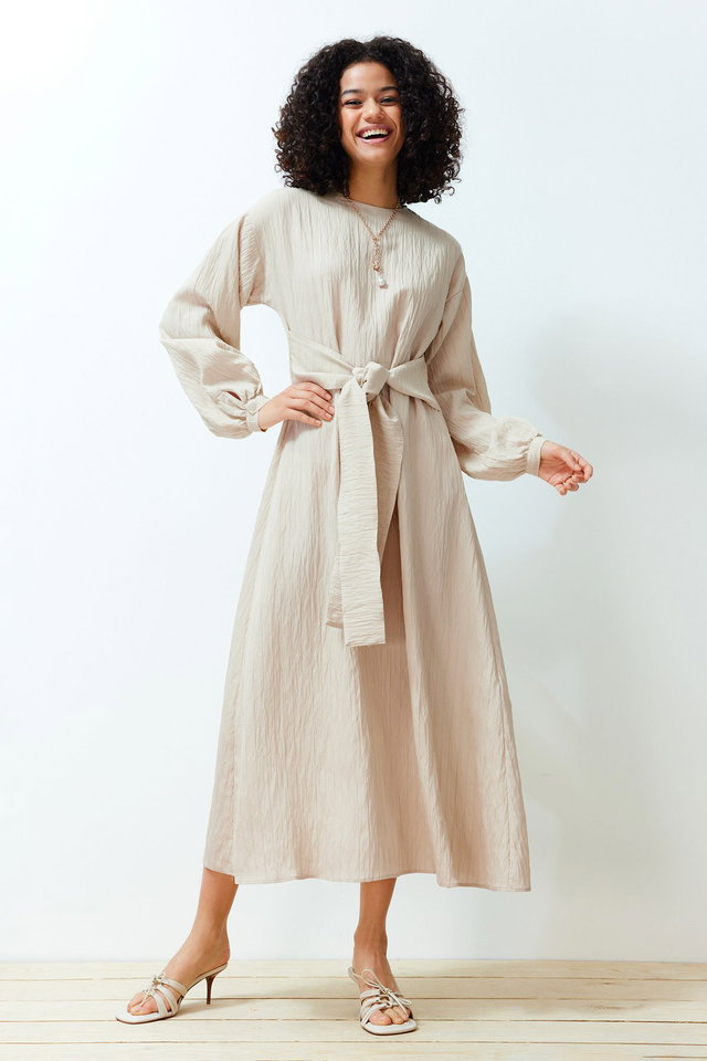 Beige Front Tie Unlined Woven Dress TCTSS24EB00131