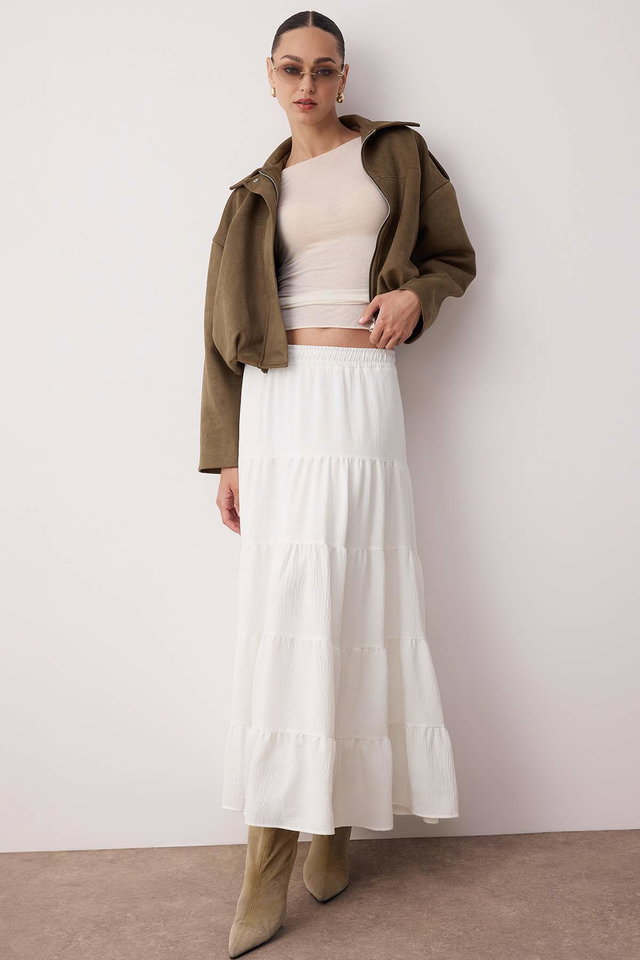 White - White Cotton Textured Fabric Maxi Length Woven Bohemian Skirt TWOSS25ET00029