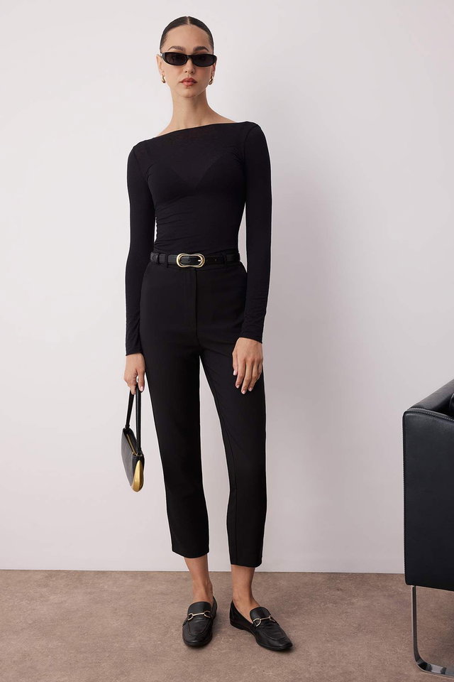 Black - Black Basic Cigarette Skinny Leg Woven Fabric Trousers TWOSS19ST0038