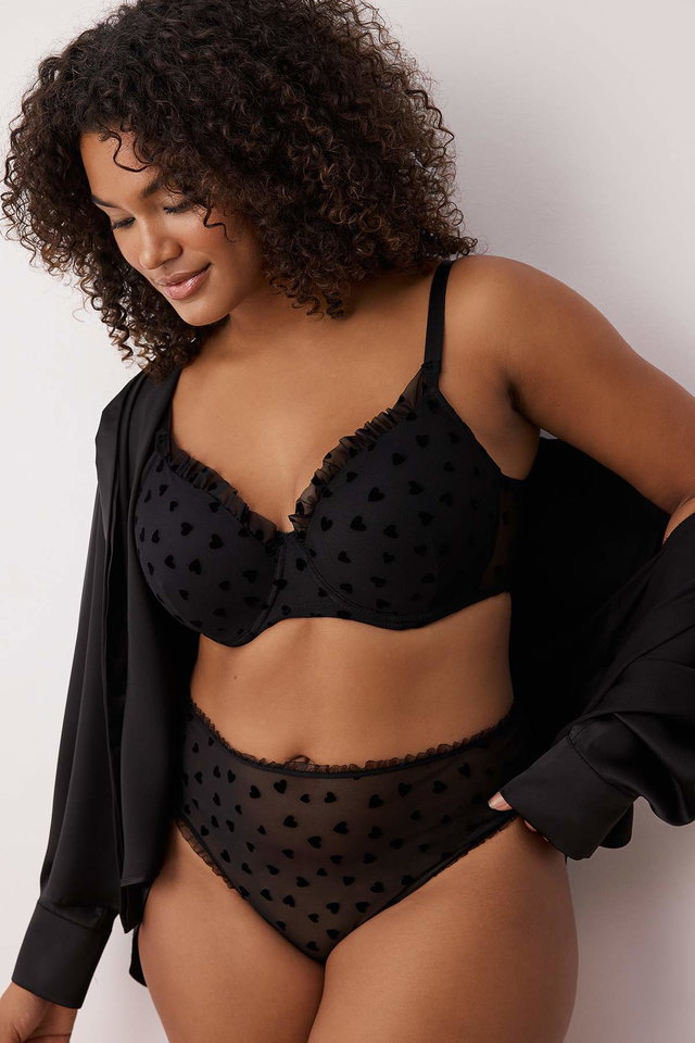Black - Black Flock Printed Heart Fixed Cup Adjustable Strap T-Shirt Bra Tbbss25Cw00011