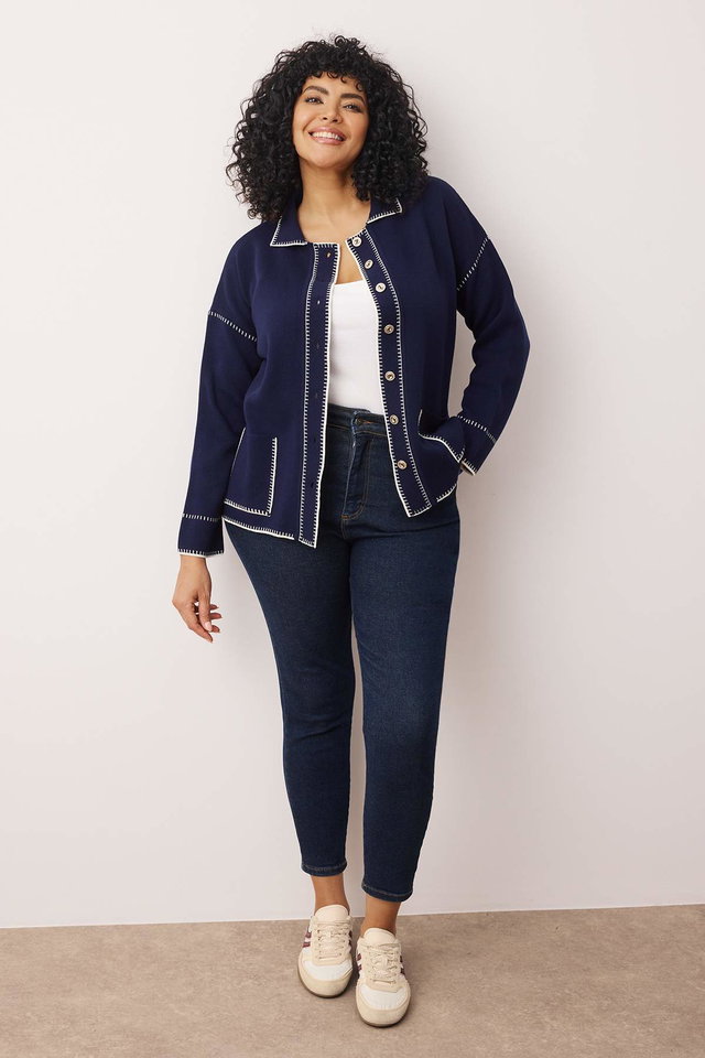 Dunkelblau - Navy Blue Polo Collar Embroidered/Embroidered Knitwear Cardigan TBBAW26AV00021