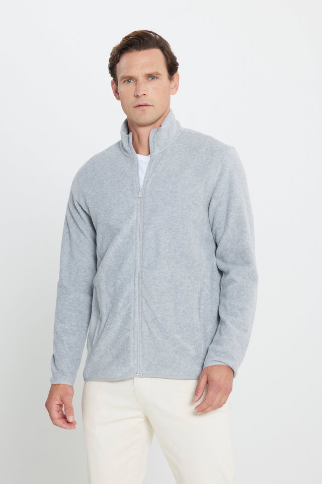 Gray - Men's Gray Anti-pilling Non-Pilling Standard Fit Normal Cut Stand Collar Sweatshirt Fleece Jacket