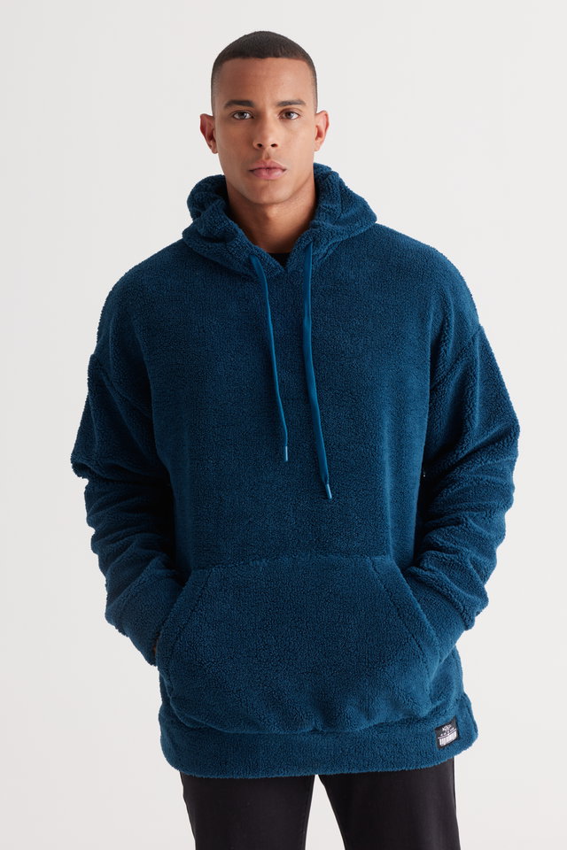 Oil - Men's Mustard Oversize Wide-Fit Hooded Sherpa Sweatshirt Fleece
