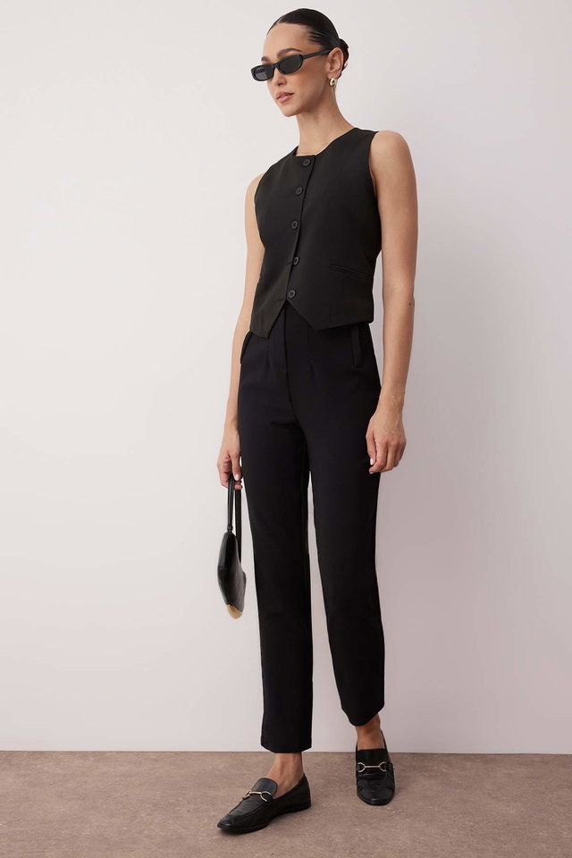 Black - Beige Cigarette Pattern Darted High Waist Ankle Length Woven Fabric Trousers TWOSS20PL0515