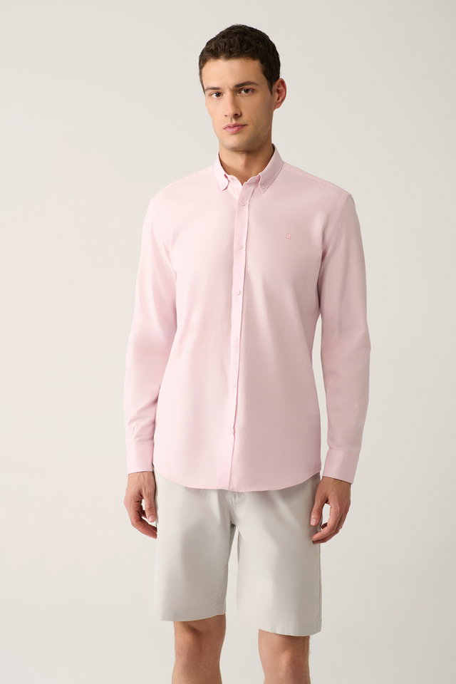 Light pink - Men's white linen textured shirt e002141