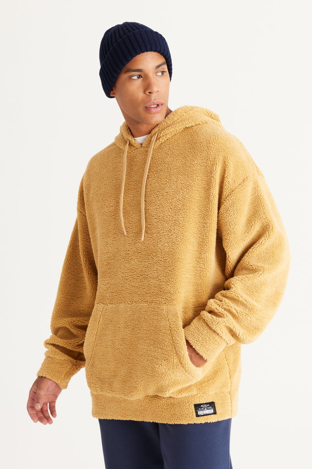 Mustard - Men's Mustard Oversize Wide-Fit Hooded Sherpa Sweatshirt Fleece
