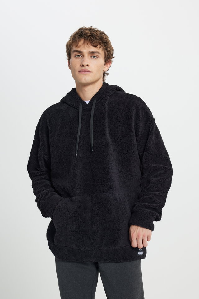 Black - Men's Mustard Oversize Wide-Fit Hooded Sherpa Sweatshirt Fleece