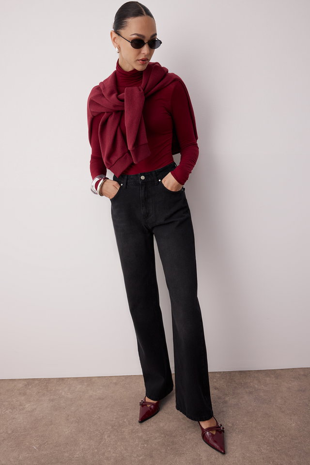 Black - Dark Blue High Waist Wide Leg Wide Leg Jeans Twoaw24Je00074