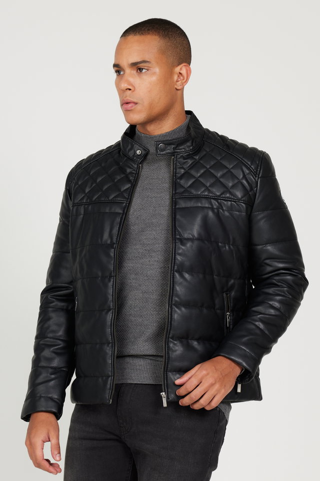 Black - Men's Black Standard Fit Normal Cut Stand Collar Coat