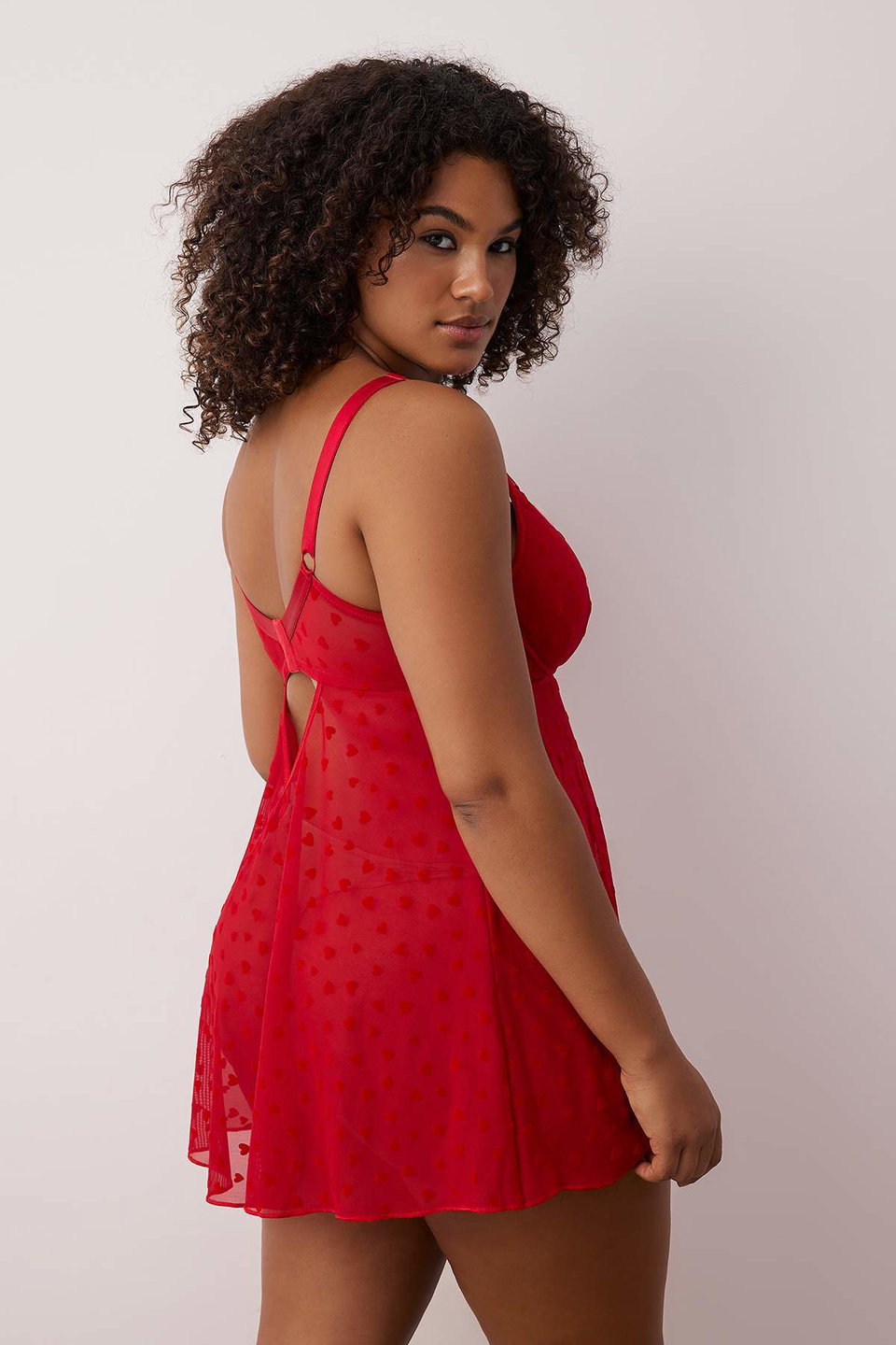 Fixed Cover Adjustable Strap Flock Heart Patterned Plus Size Babydoll TBBSS25DH00000