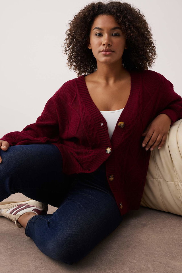 Bordeaux - Tan Hair Braid Detailed V-Neck Buttoned Knitwear Cardigan TBBAW23AV00085