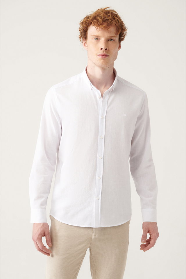 White - Men's white linen textured shirt e002141