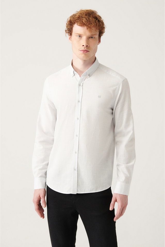 Grey - Men's white linen textured shirt e002141