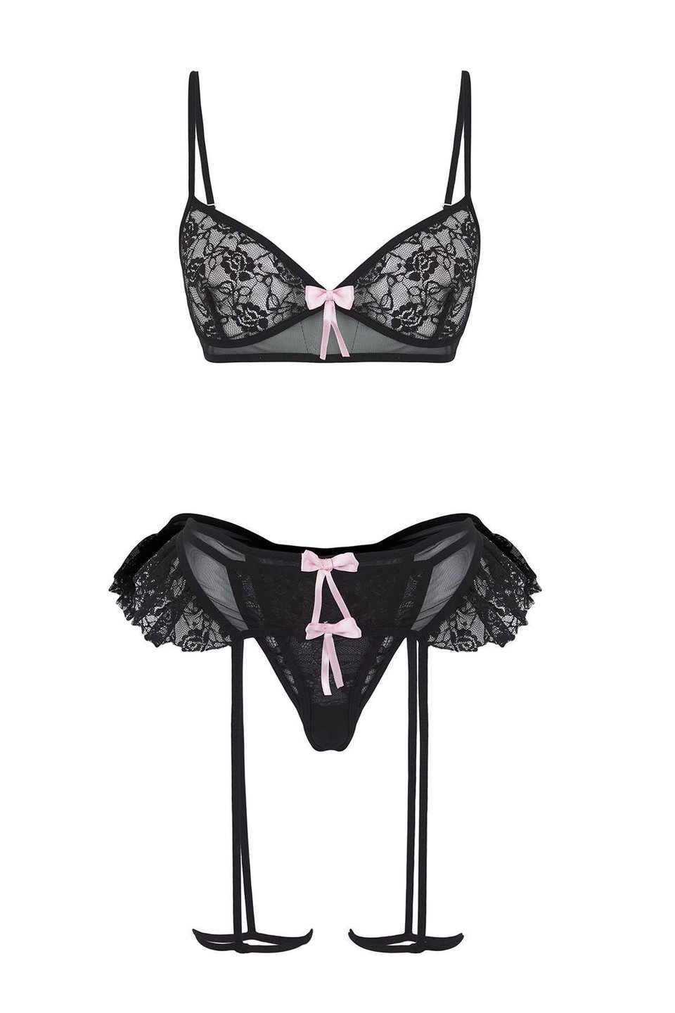Ribbon Detailed Leg Band Ruffle Coverless Lace Fantasy Lingerie Set THMAW26BD00004