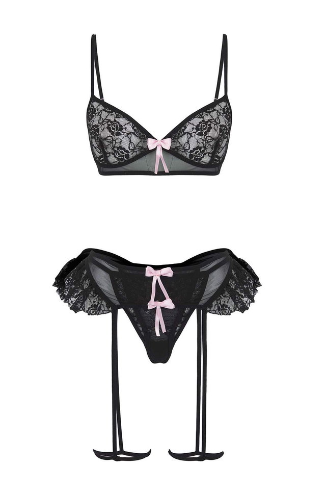 Schwarz - Black Ribbon Detailed Leg Band Ruffle Coverless Lace Fantasy Lingerie Set THMAW26BD00004