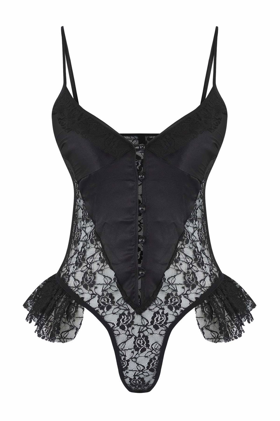 Lace and Satin Combination Ruffled Coverless Fantasy Bodysuit THMAW26BD00003