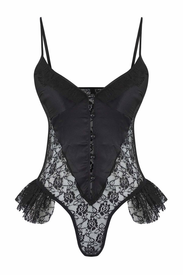 Schwarz - Black Lace and Satin Combination Ruffled Coverless Fantasy Bodysuit THMAW26BD00003