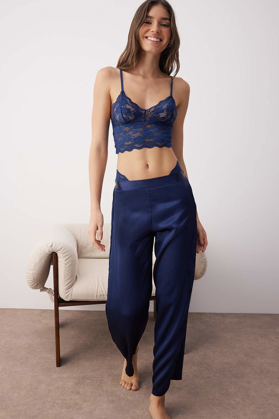 3-Piece Dowry Set Lace Top, Satin Bottom Suspender Panty Woven Pajama Set THMAW26PT00077