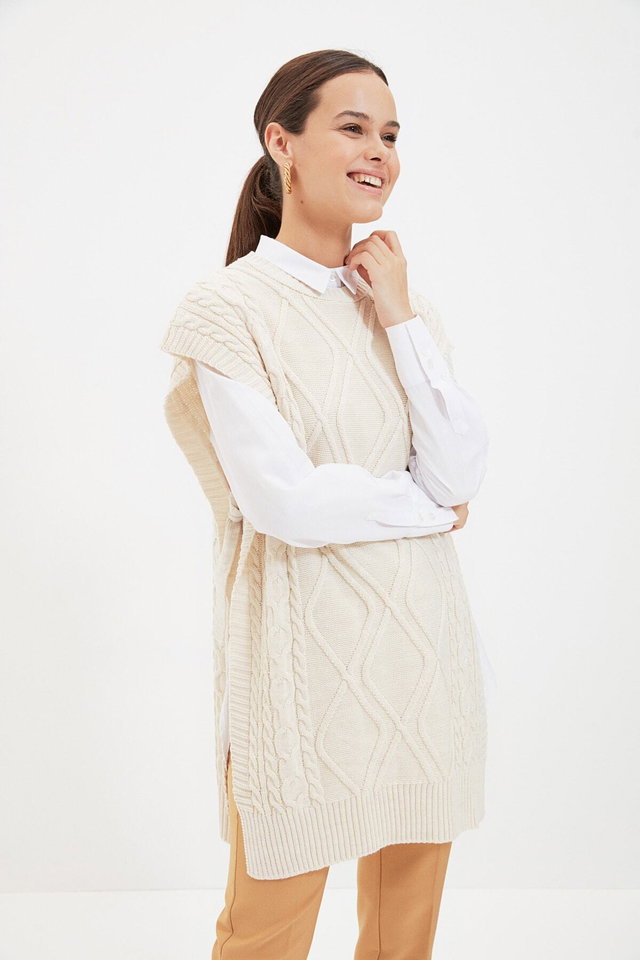 Beige - Beige Tie Waist Braided Knitwear Sweater TCTAW22UV0018