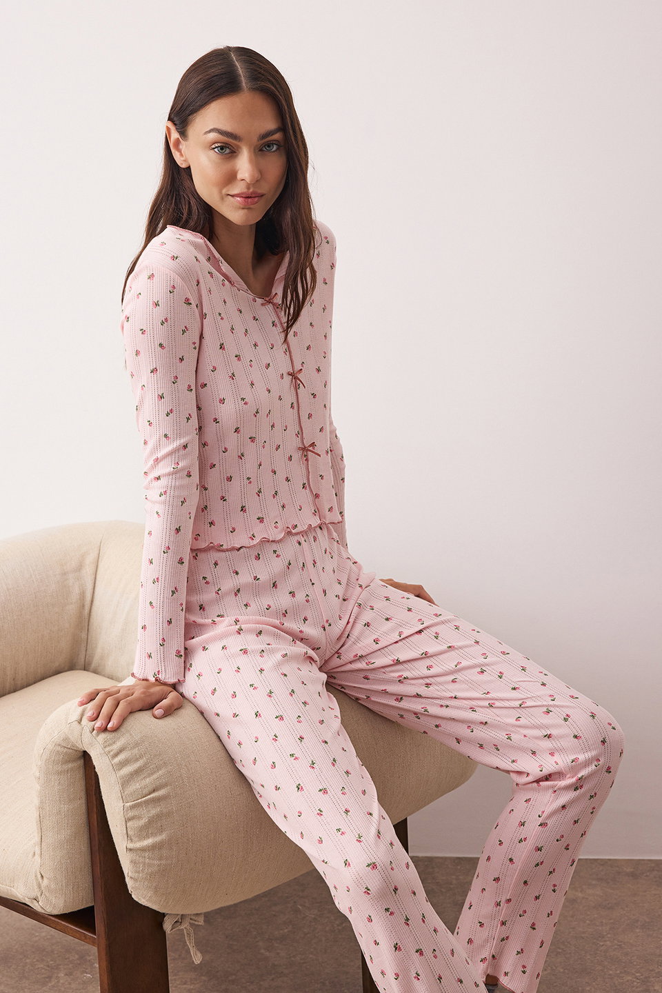 100% Cotton Floral Ribbon/Bow Corduroy/Pointel Knitted Pajama Set THMAW26PT00070