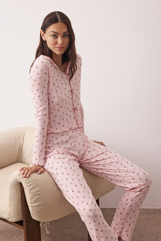 Rosa - Pink 100% Cotton Floral Ribbon/Bow Corduroy/Pointel Knitted Pajama Set THMAW26PT00070