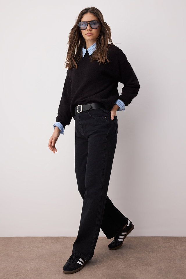 Black - Black High Waist Wide Leg Smoke Jeans TWOAW24JE00075