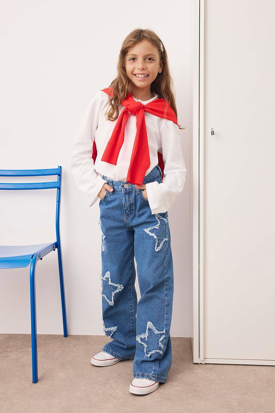 Girl Wide Leg Star Patterned 100% Cotton Elastic Denim Trousers TKDAW25PL00001