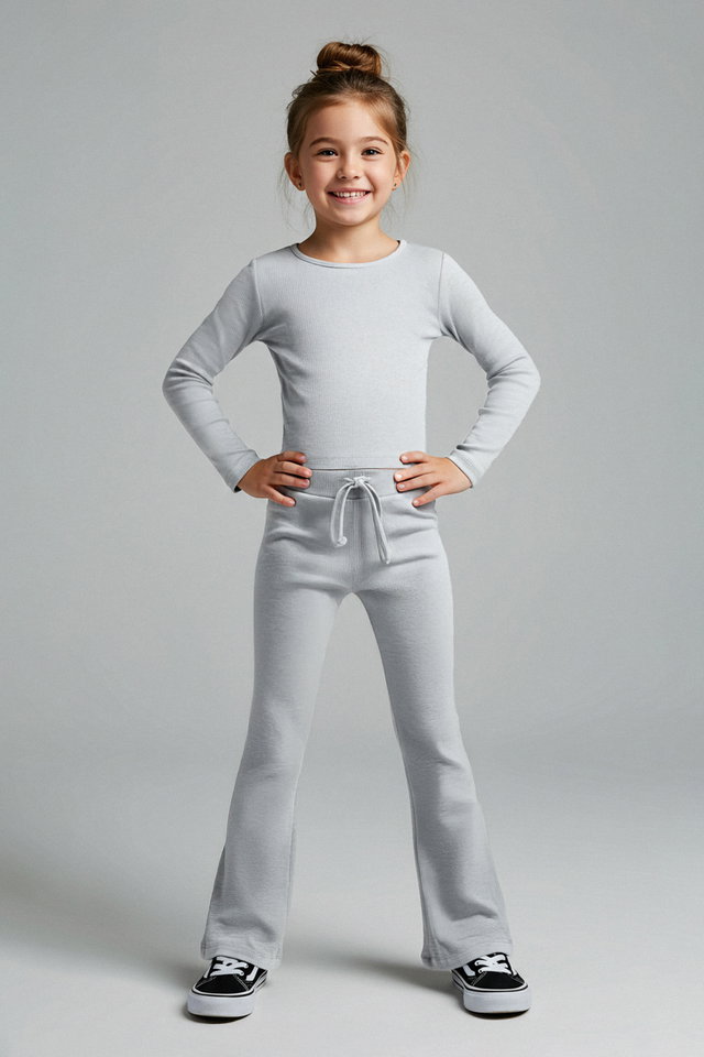 Gray melange - Black Plain/Basic Flexible Crew Neck Regular Knitted Girls Tights Top and Bottom Set TKDAW26AU00010