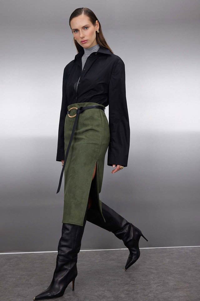 Khaki - Khaki Suede Slit Knitted Midi Pencil Skirt TWOAW26ET00018