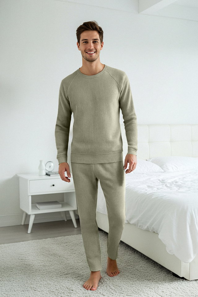 Light Khaki - Green Regular Fit Waffle Knitted Pajama Set TMNAW23PT00015