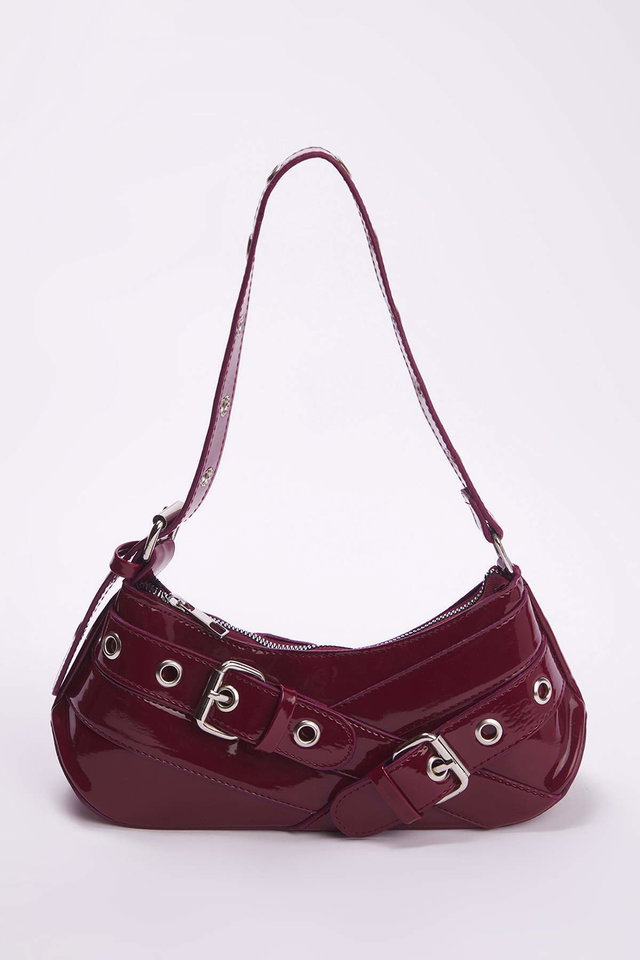 Burgundy - Tan Eyelet Belt Buckle Detailed Women's Baguette Medium Shoulder Bag TAKSS25OC00069