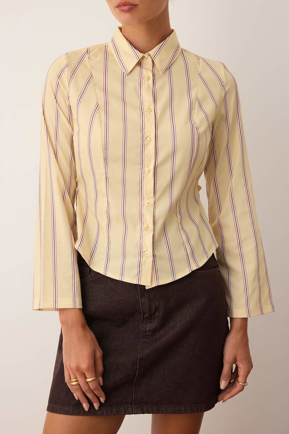 Multicolored Waist Gathered Fitted Wide Sleeve Shirt TWOAW26GO00013