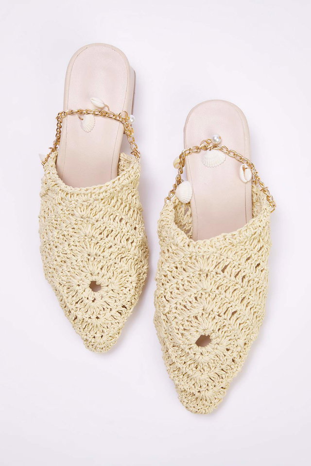 Beige - Camel Knit Women's Mule Short Block Heel Closed Toe Slippers TAKSS25TO00060