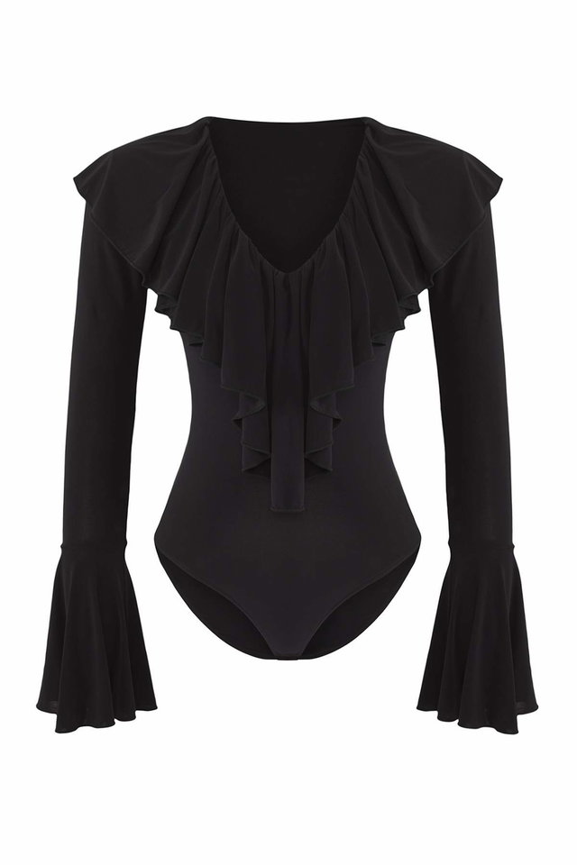 Schwarz - Limited Edition Black Plain V-Neck Long Knitted Sandy Bodysuit TPRAW26BD00020