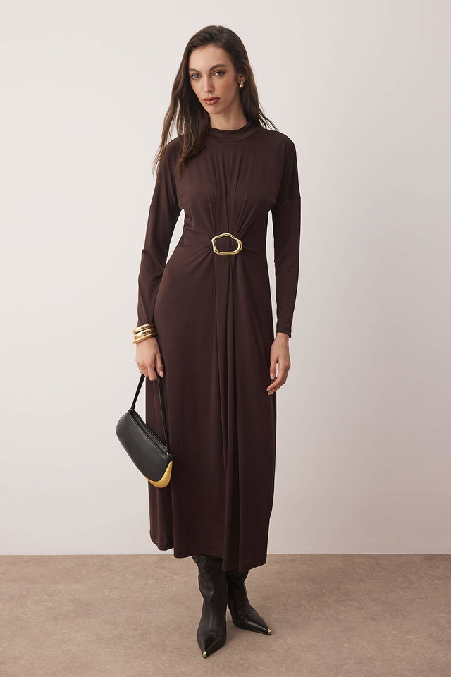 Dark Brown - Dark Brown Sandy Knit Dress with Waist Buckle Detail TCTAW26EB00026