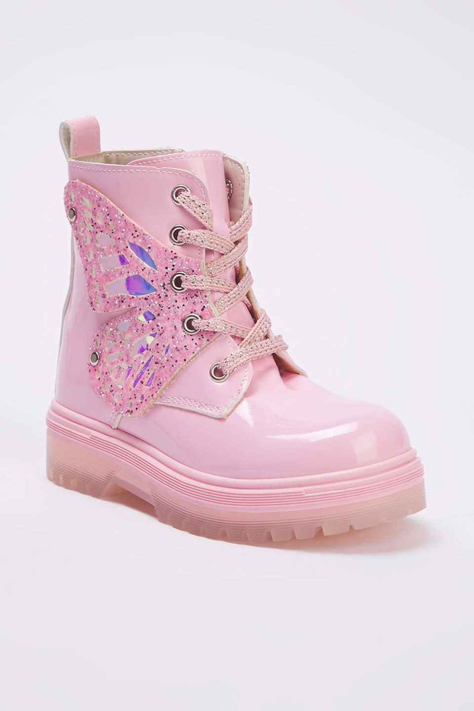 Zippered and Laced Little Girl's Kids' Combat Patent Leather Boots TAKAW26BO00009