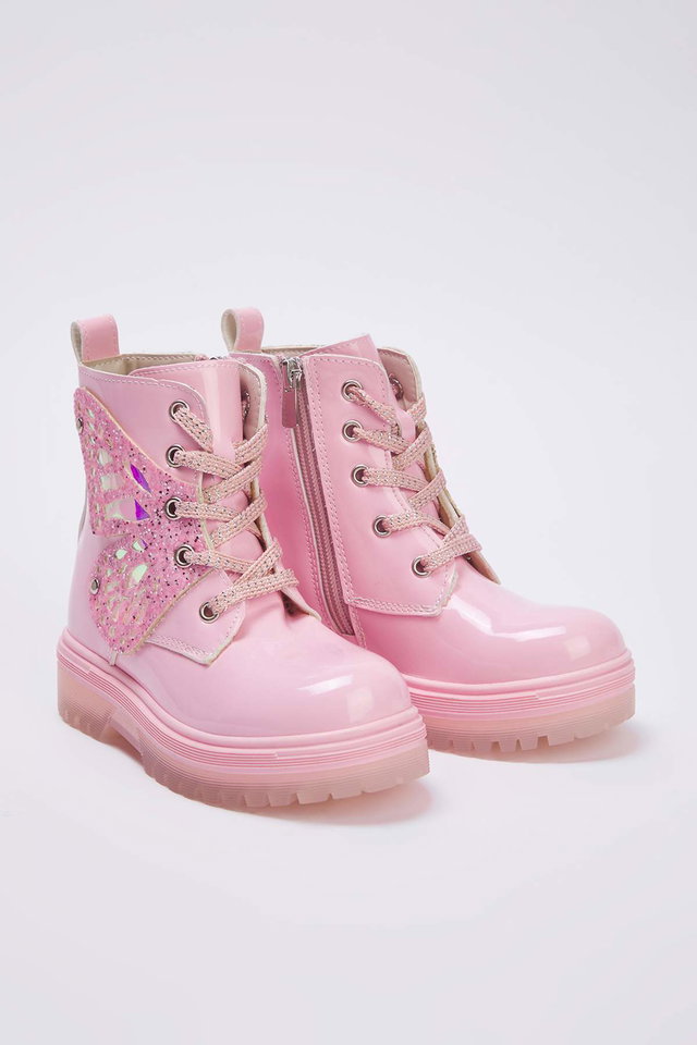 Pink - Pink Zippered and Laced Little Girl's Kids' Combat Patent Leather Boots
TAKAW26BO00009
