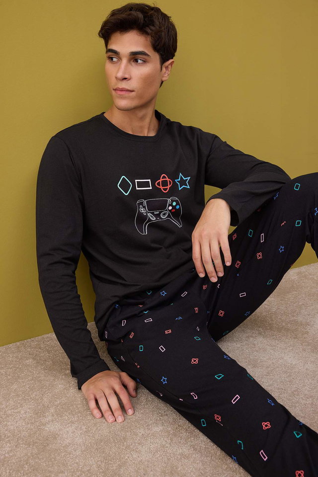 Schwarz - Navy Blue Regular Fit Printed Knitted 100% Cotton Pajama Set TMNAW24PT00012
