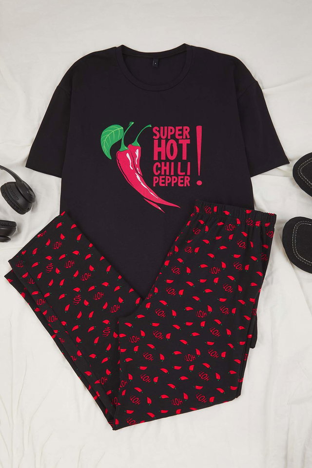 Schwarz - Black Regular Cut Pepper Printed Cotton Pocket Detailed Knitted Pajama Set TMNAW26PT00019